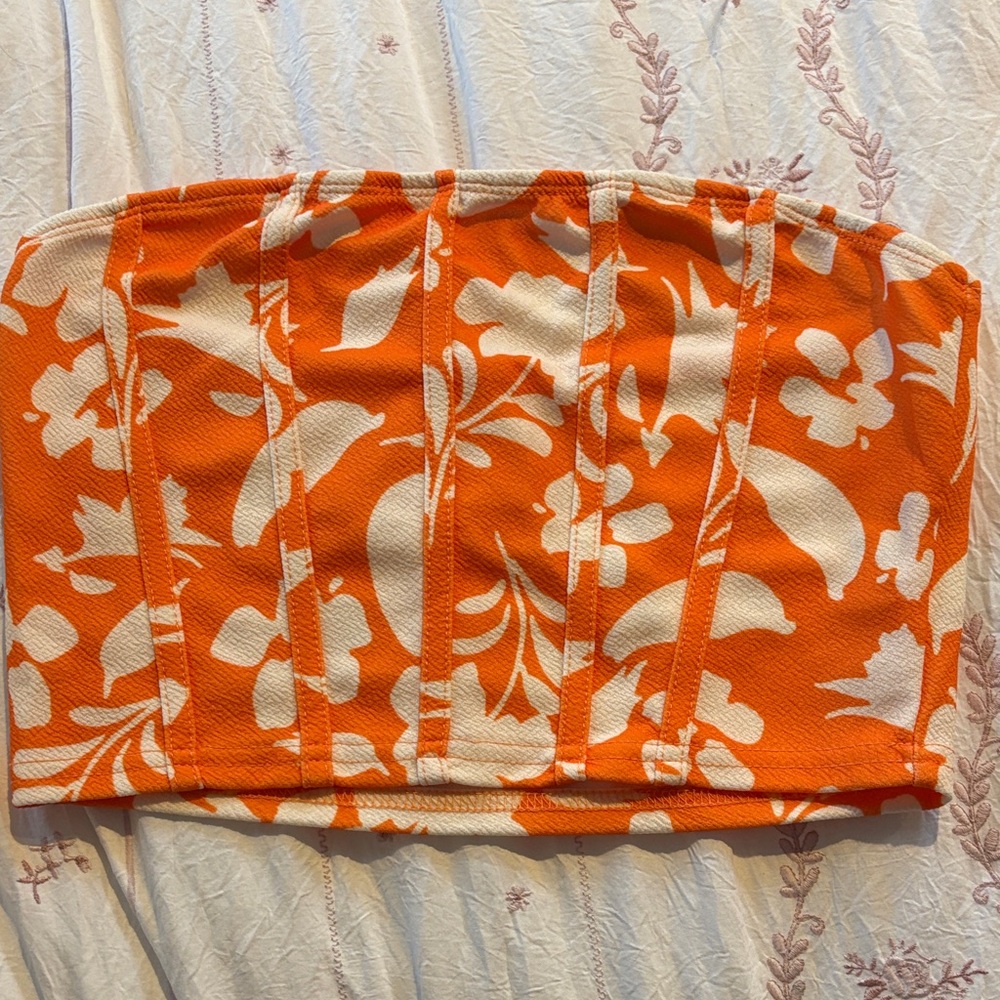 Orange Floral Strapless Top